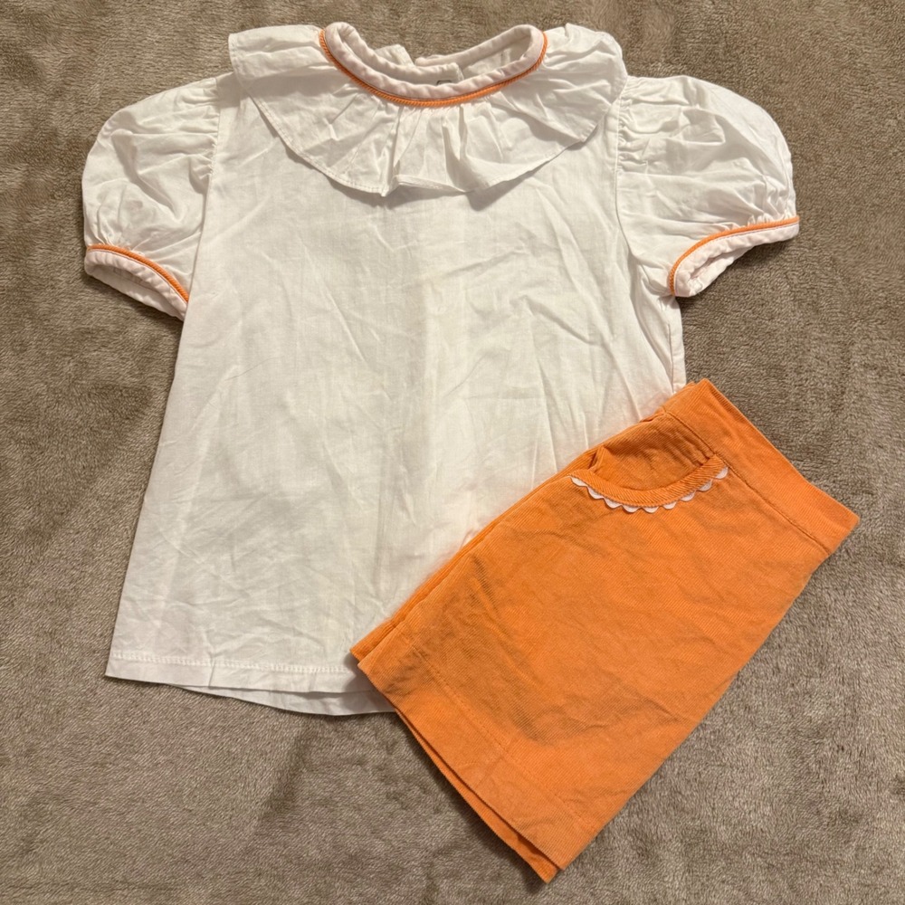 Crescent Moon Children Girls 2T White Ruffle Blouse & Orange Corduroy Skirt Set